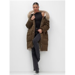 Пальто зимнее утепленное с мехом и капюшоном тренд горчичного цвета 7629G