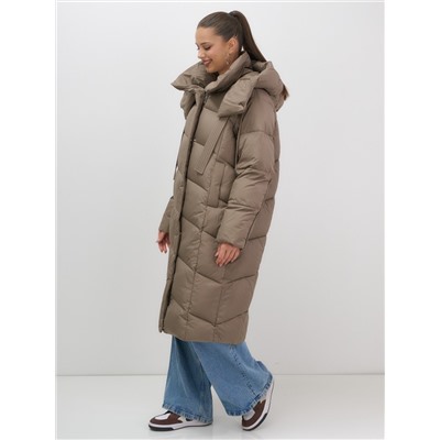 Пальто зимнее утепленное с капюшоном женское светло-коричневого цвета 7748SK