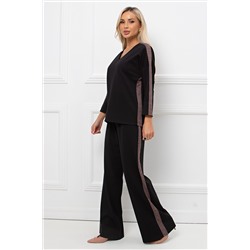 Костюм брючный чёрный из плотного трикотажа с лампасами Летисия №1