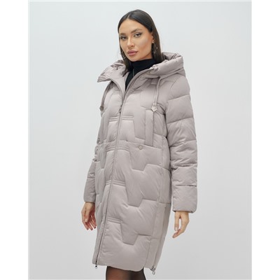 Пальто зимнее утепленное с капюшоном женское светло-коричневого цвета 7638SK