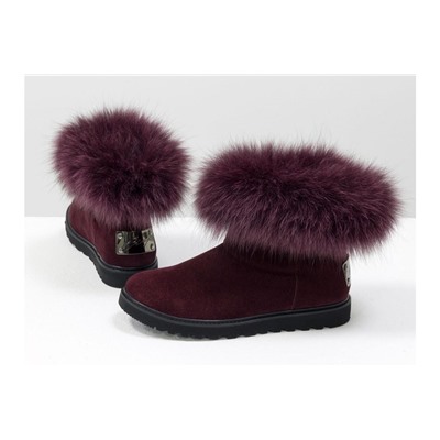 Женские ботиночки в стиле UGG из натуральной замши бордового цвета и натурального шикарного меха песца, коллекция осень-зима, Б-17113-02