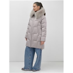 Пальто зимнее утепленное с мехом и капюшоном тренд светло-коричневого цвета 7630SK