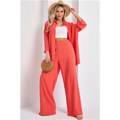 Брюки льняные кораллового цвета с карманами