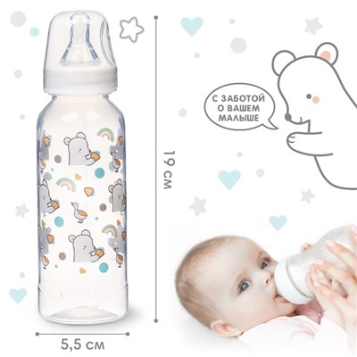 Бутылочка для кормления Крошка Я Basic «Медвежонок», классическое горло, от 3 мес., 250 мл., белый/бирюзовый