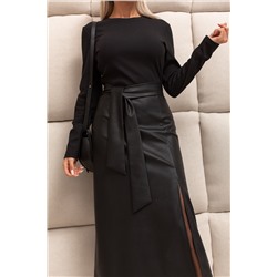 Комбинированное платье чёрное с юбкой из экокожи Хлоя №1