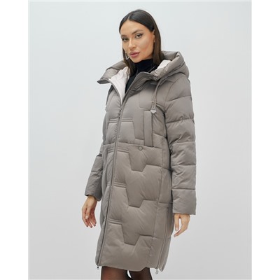 Пальто зимнее утепленное с капюшоном женское серого цвета 7638Sr