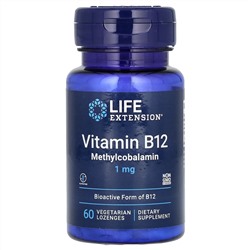 Life Extension, витамин B12, метилкобаламин, 1 мг, 60 вегетарианских пастилок