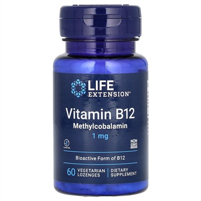 Life Extension, витамин B12, метилкобаламин, 1 мг, 60 вегетарианских пастилок