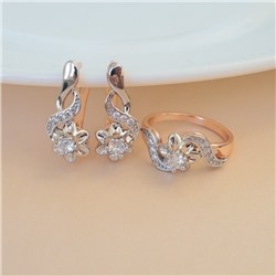 Комплект ювелирной бижутерии коллекция "Дубай" в форме цветов серьги и кольцо 20 р, покрытие позолота, вставка: фианиты, цвет: прозрачный, арт.414.761-20