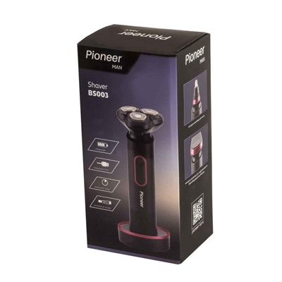 Электробритва Pioneer BS003, 3 головки, 2 насадки, АКБ, чёрно-красная