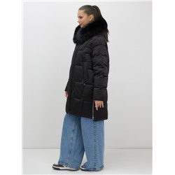 Пальто зимнее утепленное с мехом и капюшоном тренд черного цвета 7630Ch