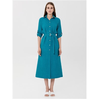 Платье А-образного силуэта сине-зелёного цвета с поясом