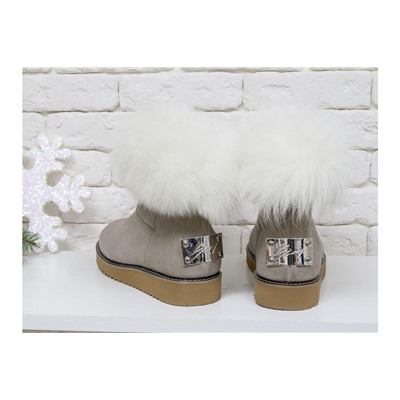 Женские ботиночки в стиле UGG из натуральной замши бежевого цвета и натурального шикарного меха песца, коллекция , Б-17113