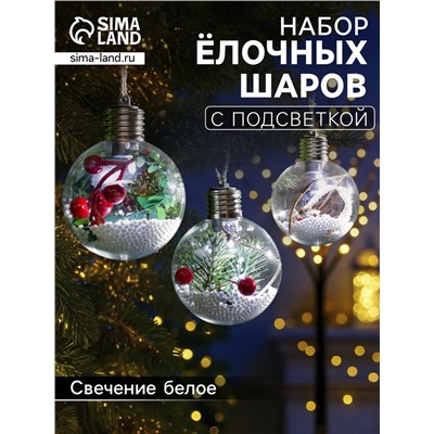 Набор ёлочных шаров «Зимний лес», 3 шт., d=8 см, 1 LED, от батареек, свечение белое