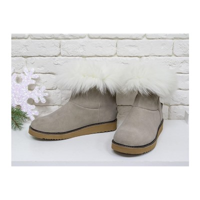 Женские ботиночки в стиле UGG из натуральной замши бежевого цвета и натурального шикарного меха песца, коллекция , Б-17113