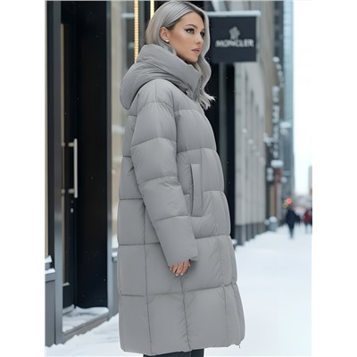 Пальто зимнее утепленное с капюшоном женское серого цвета 7741Sr