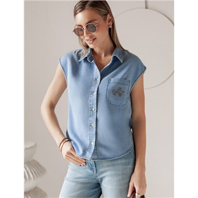 Укороченная блузка с коротким рукавом из джинсового лиоцелла