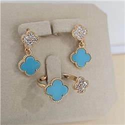 Комплект ювелирной бижутерии коллекция "Дубай" серьги и кольцо разъемное, покрытие позолота, вставка: пластик и цирконы, цвет: голубой тиффани и прозрачный, арт.414.620-17/18