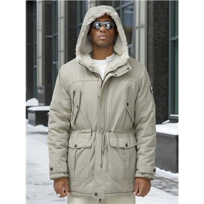 Парка мужская зимняя удлиненная с мехом бежевого цвета 2606B