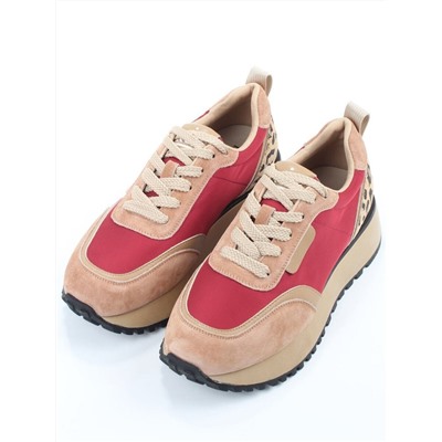 04-PDJ96-3 BEIGE/RED Кроссовки демисезонные женские (натуральная замша, натуральная кожа, текстиль)