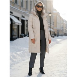 Пальто зимнее утепленное с капюшоном женское бежевого цвета 7638B