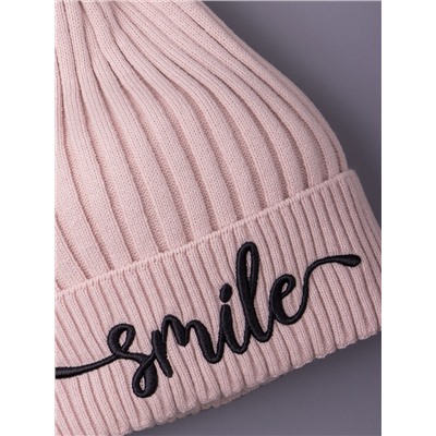 Шапка вязаная детская с отворотом, вязка лапша, SMILE, пудровый