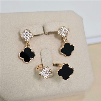 Комплект ювелирной бижутерии коллекция "Дубай" серьги и кольцо разъемное, покрытие позолота, вставка: пластик и цирконы, цвет: черный и прозрачный, арт.414.619-17/18