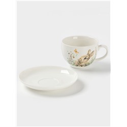 Чайная пара Доляна «Зайка», 2 предмета: чашка 250 мл, блюдце d=15 см, фарфор, белая