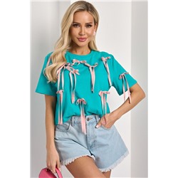 Футболка трикотажная бирюзовая с бантиками