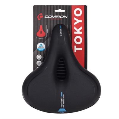 Седло велосипедное комфортное COMIRON TOKYO C012 265x220, Технологии: ED, MEMORY FOAM, Верх: PU с пресс. принтом, Цвет: Чёрный+Синий/ АКЦИЯ /уп 20/