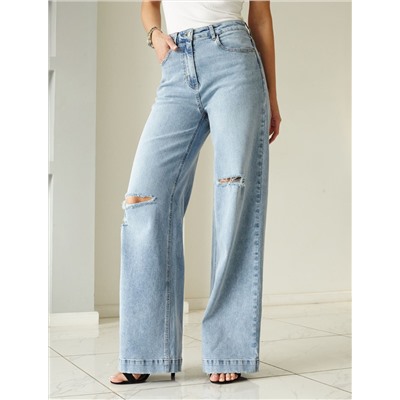 Джинсы трубы рваные из эластичного денима средней плотности