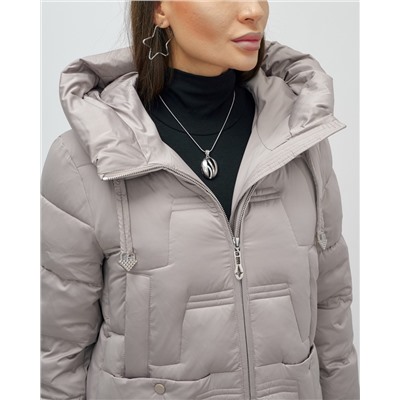 Пальто зимнее утепленное с капюшоном женское светло-коричневого цвета 7638SK