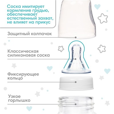 Бутылочка для кормления Крошка Я Basic «Медвежонок», классическое горло, от 3 мес., 250 мл., белый/бирюзовый