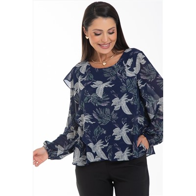 Блузка шифоновая тёмно-синего цвета с принтом