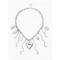 Колье «Многослойность» цепь с сердечком, белое в серебре