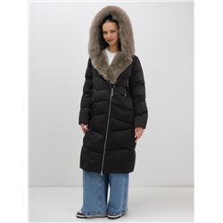 Двубортное пальто зимнее утепленное с мехом и капюшоном черного цвета 7626Ch