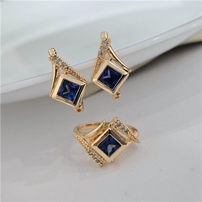Комплект ювелирной бижутерии коллекция "Дубай" серьги и кольцо 19 р, покрытие позолота, вставка: фианит и цирконы, цвет: синий и прозрачный, арт.414.631-19