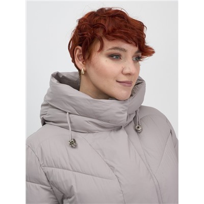 Пальто зимнее утепленное с капюшоном женское серого цвета 7628Sr