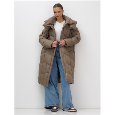 Пальто зимнее утепленное с капюшоном женское светло-коричневого цвета 7748SK