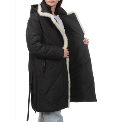 309 BLACK/WHITE Пальто зимнее стеганое женское (200 гр. холлофайбер, натуральная норка)