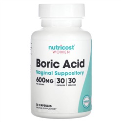Nutricost, Для женщин, борная кислота, вагинальные свечи, 600 мг, 30 капсул