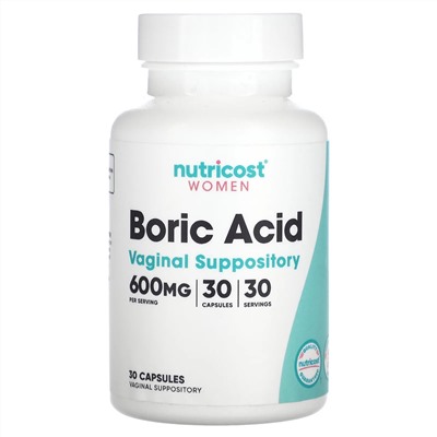 Nutricost, Для женщин, борная кислота, вагинальные свечи, 600 мг, 30 капсул