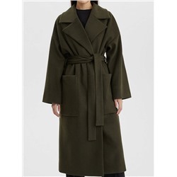 Пальто с объемными карманами и поясом, хаки