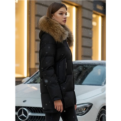 Куртка женская зимняя с мехом енот премиум класса черного цвета 381Ch