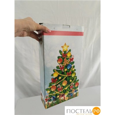 Коробка белая новогодняя с подарками и красным бантом - высота 40 см Х ширина 21,5 см Х  глубина 7,5см