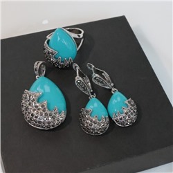 Комплект ювелирной бижутерии серьги, кулон и кольцо 17 р, покрытие: посеребрение, вставка: фианиты и искусственный камень, цвет: бирюза и графитовый, арт.314.289-17