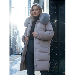 Пальто зимнее утепленное с мехом и капюшоном тренд светло-коричневого цвета 7629SK