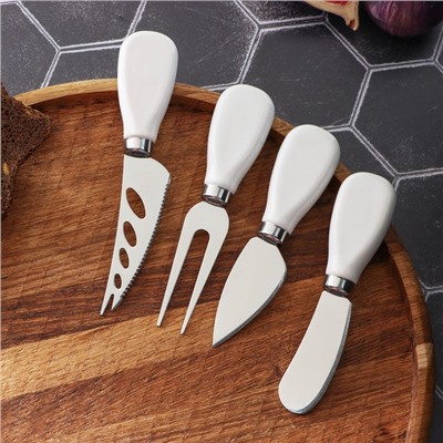 Ножи для сыра Magistro Celt, 4 предмета: нож 3 шт., вилка для сыра 1 шт., керамическая ручка, белые