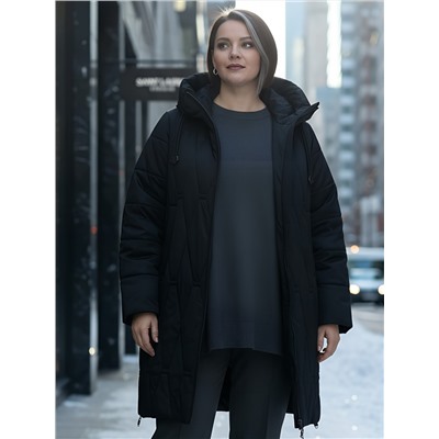 Пальто зимнее утепленное женское большого размера черного цвета 7699Ch