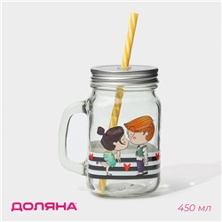 Кружка Доляна «Поцелуй», 450 мл, 10×7.5×13 см, стекло, с крышкой и трубочкой
